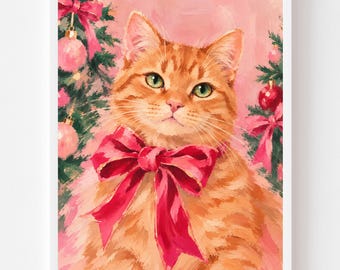 Orange Cat Pet Portrait: Ginger Tabby Painting with Pink Bow, Christmas Cat Wall Art, Girly Holiday Decor, Cat Mom Gift (Digital Download)
