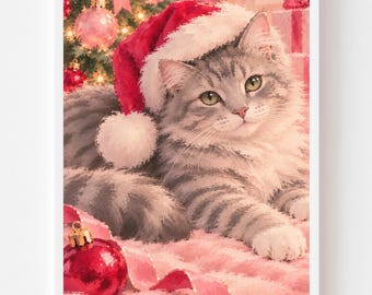 Gray Tabby Cat Painting in Santa Hat: Christmas Pet Portrait, Pink Holiday Cat Wall Art, Silver Tabby Cat Lover Gift (Digital Download)