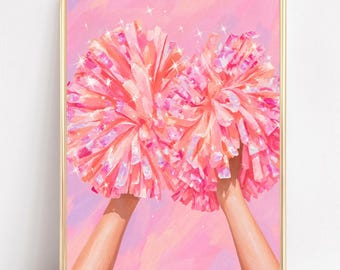 Pink Cheer Pom Pom Wall Art: Glittery Pastel Sports Decor (Digital Download)