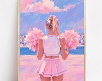 Pink Cheerleader Print: Blonde Cheerleader With Pink Pom Poms, Pastel Sports Wall Art for Teen Girls Room and Dorm Decor (Digital Download)