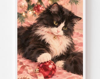 Fluffy Tuxedo Cat Christmas Portrait: Pink Holiday Wall Art (Digital Download)