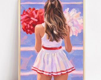 Red Cheerleader Print: Brunette Cheer Squad Art (Digital Download)