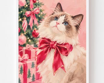 Ragdoll Cat Painting with Pink Bow: Christmas Pet Portrait, Fluffy Cat Wall Art, Girly Holiday Decor, Cat Lover Gift (Digital Download)