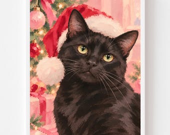 Black Cat Painting in Santa Hat: Christmas Pet Portrait, Pink Holiday Cat Wall Art, Black Cat Lover Gift, Girly Decor (Digital Download)