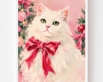 White Persian Cat Portrait: Pink Bow, Evergreen Holiday Art (Digital Download)