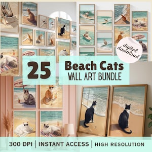 Beach Cats Wall Art Bundle, 25 Printable Coastal Cat Gallery Wall Prints, Beach House Decor, Digital Download