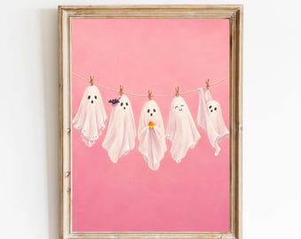 Pink Ghost Print: Cute Sheet Ghosts Hanging on a Clothesline Wall Art (Digital Download)