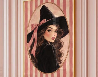 Pink Witch Wall Art: Brunette Witch Portrait With Bow (Digital Download)