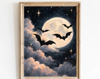 Halloween Full Moon Print: Flying Bats in a Starry Night Sky (Digital Download)