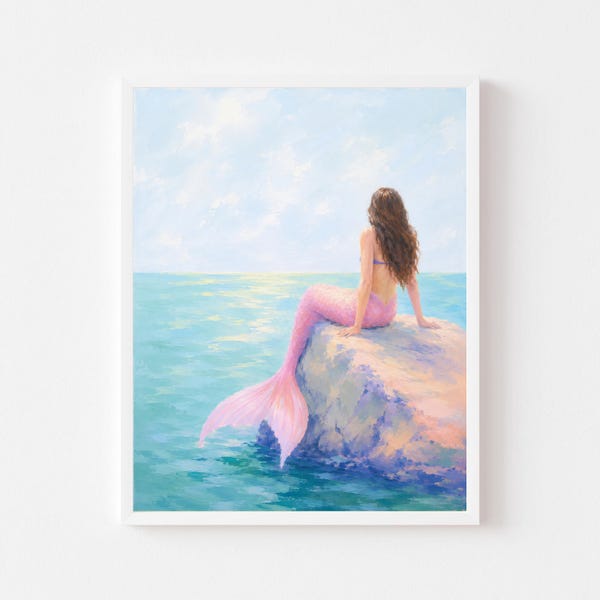 Pastel Mermaid Wall Art, Pink Tail Coastal Bedroom Decor (Digital Download)