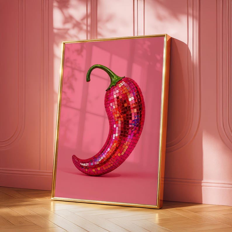 May include: A framed wall art print featuring a chili pepper covered in reflective red and pink mosaic mirror tiles. The pepper has a green stem and is set against a solid pink background. The frame is thin and metallic gold in color.