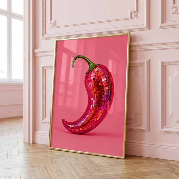 Chili Pepper Disco Ball Print, Funky Kitchen Wall Art, Maximalist Dopamine Decor (Digital Download)