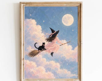 Witch on Broom Print: Flying Witch With Black Cat, Halloween Wall Art (Digital Download)