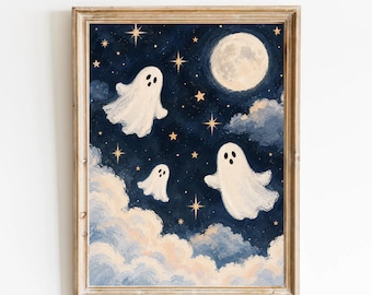 Starry Night Ghost Print: Ghosts Under a Full Moon, Halloween Wall Art (Digital Download)