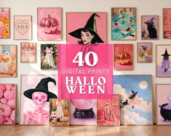 Pink Halloween Wall Art Bundle: 40 Pastel Ghost, Witch, Pumpkin and Black Cat Prints, Coquette Spooky Gallery Wall Decor (Digital Download)