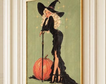 Blonde Witch Wall Art: Witch With Pumpkin and Black Dress (Digital Download)