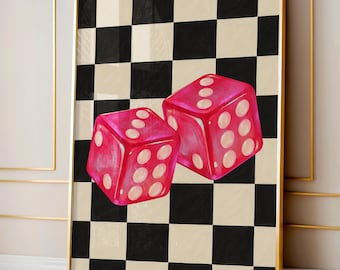 Hot Pink Dice Wall Art: Retro Checkerboard Y2K Pop Art, Maximalist Dopamine Decor Print (Digital Download)