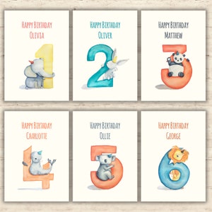 Wunderschöne personalisierte Geburtstagskarte für Alter 1 bis 6, 13x18cm, Happy Birthday, süße Tiere und Zahlen, originales Design