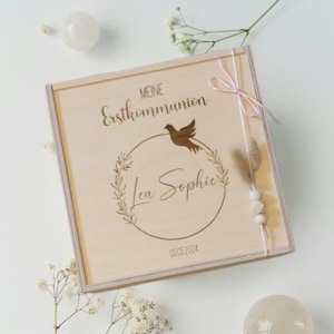 Personalisierte Erinnerungsbox zur Erstkommunion, Taufe, Schatzkiste mit Name & Datum, Motiv Blumen Taube, Geschenkidee für Paten Erinnerung