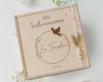Personalisierte Erinnerungsbox zur Erstkommunion, Taufe, Schatzkiste mit Name & Datum, Motiv Blumen Taube, Geschenkidee für Paten Erinnerung