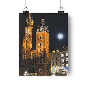 St. Mary&#39;s Basilica Krakow Print, Gothic Nighttime Wall Art, Emotional Architecture Series