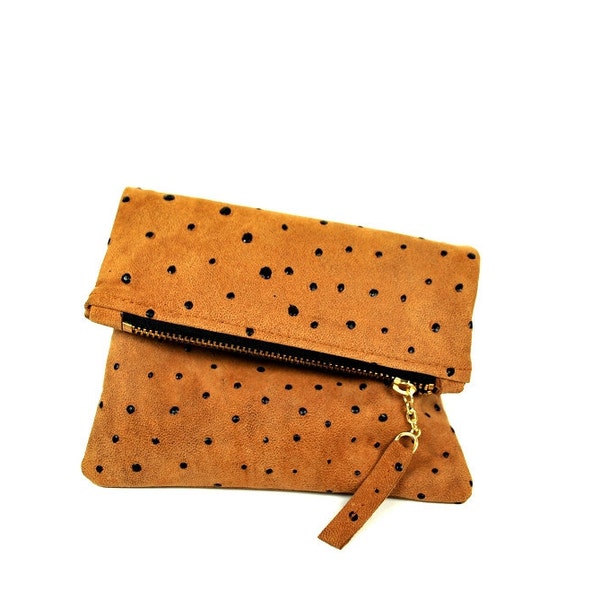 Leather mini fold clutch in tan ostrich Ready to Ship