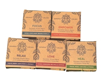 Amma Ceremonial Cacao - India. Pacchetto ayurvedico. 5 barrette (36 g) Concentrazione, guarigione, amore, forza, rilassamento.