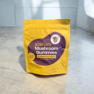 May include: A yellow bag of Mother Earth Mushroom Gummies, a food supplement with a 10 mushroom blend and natural raspberry flavor.