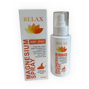 May include: A white bottle with a clear spray nozzle and a white label with the text "RELAX MAGNESIUM SPRAY BODY SPRAY" and a picture of a flower. The bottle is 100ml and supports a good night's sleep.