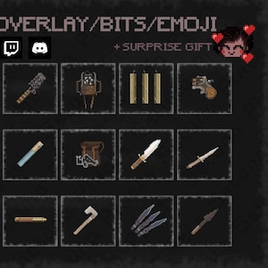 May include: Pixel art decorations overlay featuring a selection of items, including weapons, tools, and accessories. The image showcases pixelated objects like a brass knuckle, a pistol, knives, and candles. The text "Decorations Overlay/Bits/Emoji" is at the top.