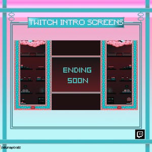 May include: Pixel art Twitch intro screen design with a pink and blue gradient background. The design includes the text "TWITCH INTRO SCREENS" and "ENDING SOON". The design has a pixelated aesthetic with a retro video game style.