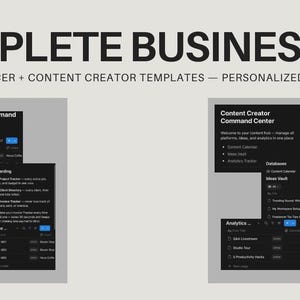 Könnte beinhalten: Ein digitales Dashboard mit dem Titel COMPLETE BUSINESS OS FREELANCER + CONTENT CREATOR TEMPLATES — PERSONALIZED FOR YOU. Es zeigt zwei schwarze Schnittstellen-Panels mit der Beschriftung Freelancer Command Center und Content Creator Command Center.