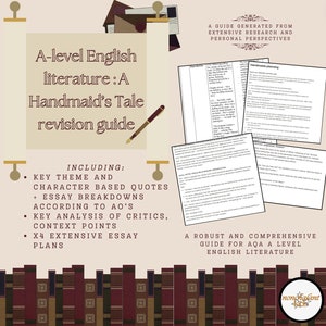 Op de afbeelding: Een studiegids voor A-level Engelse literatuur, gericht op Margaret Atwoods "The Handmaid's Tale". De gids omvat belangrijke thema's, karakteranalyse, essay-uitsplitsingen en contextpunten. De omslag toont een stapel boeken met een pen en een titelkaart met de tekst "A-level English Literature: A Handmaid's Tale revision guide".