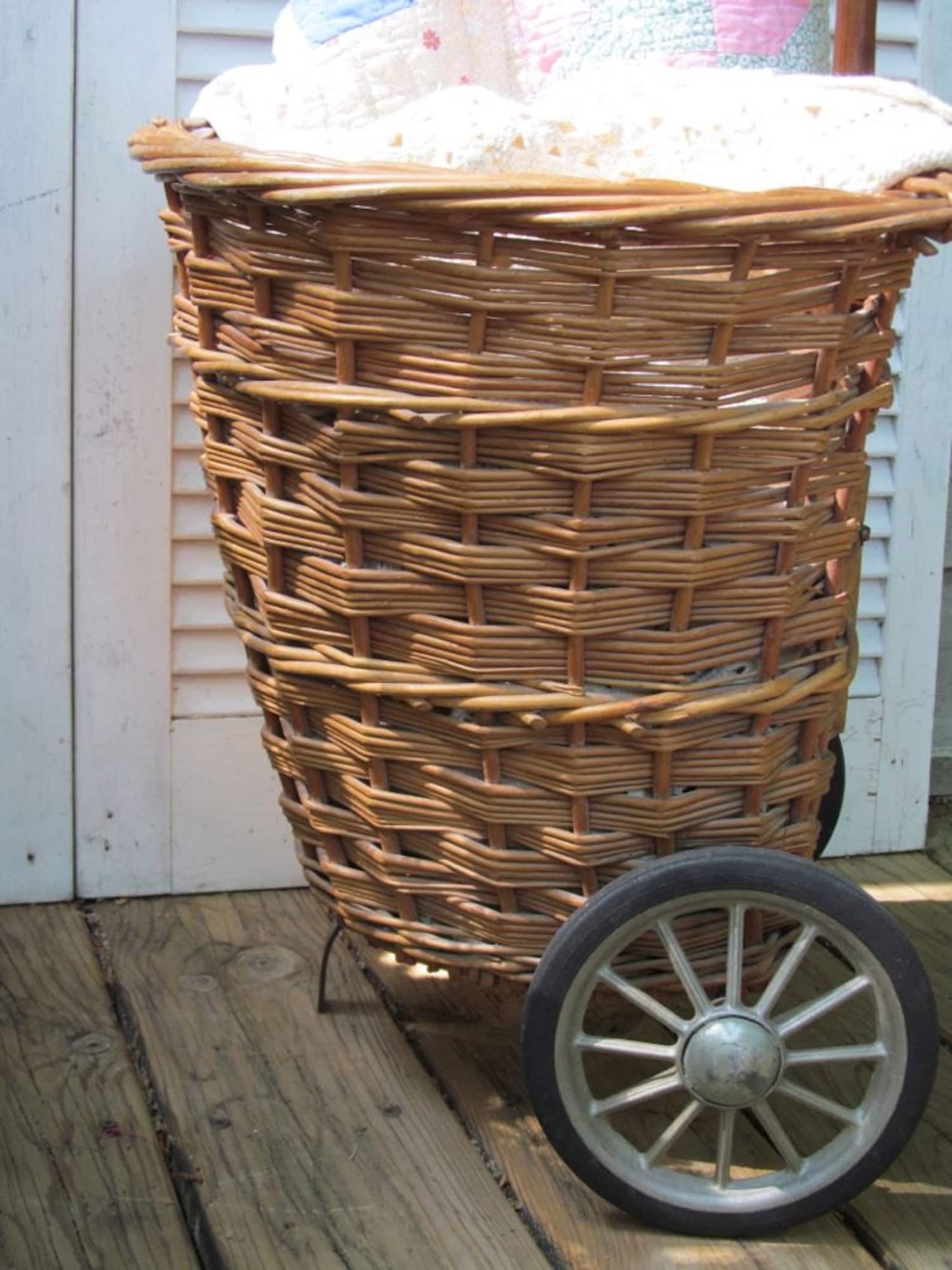 Vintage Wicker Basket Market Cart Shabby French Cottage Etsy