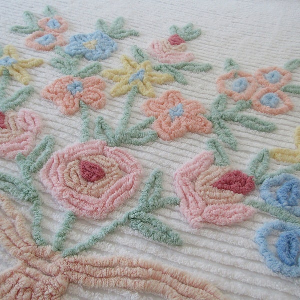 Vintage Chenille Bedspread Full Queen 93 x 104 Many Plush Flowers and Ribbons Farmhouse Cottage Perfection