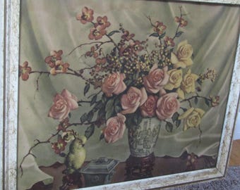 Ingelijste lithografie met rozen, valkparkiet, romantische Victoriaanse vintage stijl.
