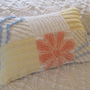 Lumbar Pillow Patchwork Yellow Mango Blue White 12 x 18 - Vintage Chenille Bedspread Shabby Farmhouse Cottage
