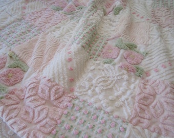 Vintage Chenille Patchwork Quilt Pinks Rosebuds - Throw Blanket Handmade Snuggle Quilt