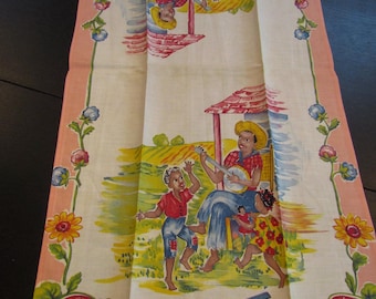 Vintage keukentheedoek van katoen en linnen met bloemenprint, zwart, met een Amerikaans tafereel uit de jaren 1940.