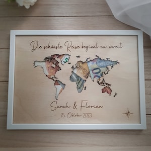 personalisierte Weltkarte, Geldgeschenk Hochzeit, Geschenk Hochzeit, Hochzeitsgeschenk personalisiert, Geldgeschenk Brautpaar (40x30)