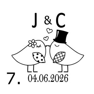 May include: A black and white graphic illustration featuring two birds facing each other. The left bird wears a flower, the right bird wears a top hat. Between them are two small hearts. Text includes J & C at the top and 7. 04.06.2026 at the bottom.