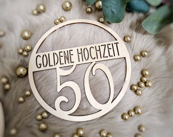 Decoration golden wedding, gift golden wedding, wooden decoration 50 years of marriage