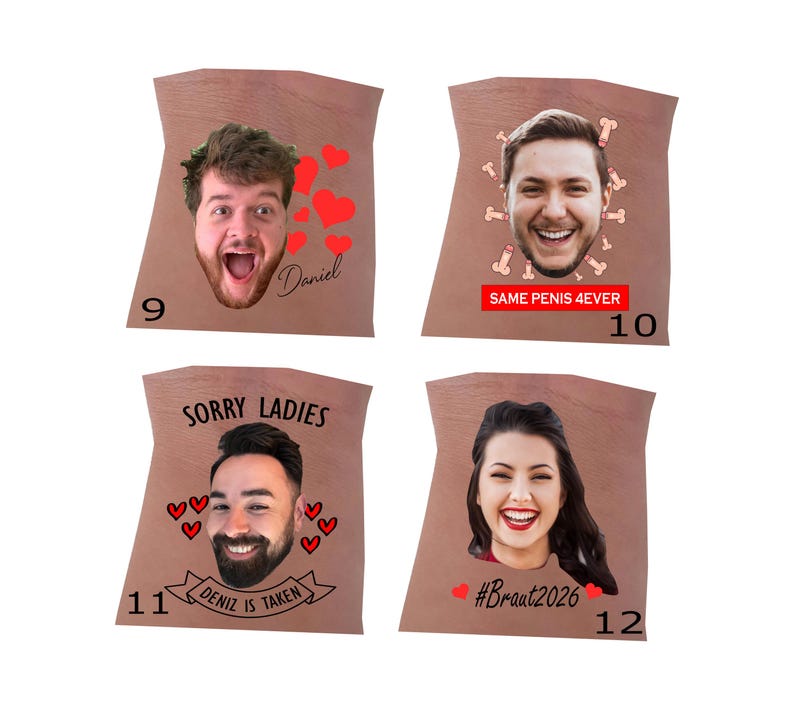 Op de afbeelding: Vier bruine, trapeziumvormige patches met aangepaste fotoafdrukken. Nummer 9 toont een man met rode hartjes en de naam Daniel. Nummer 10 toont een man met iconen en de tekst SAME PENIS 4EVER. Nummer 11 toont een man met de tekst SORRY LADIES DENIZ IS TAKEN. Nummer 12 toont een vrouw met de tekst #Braut2026.