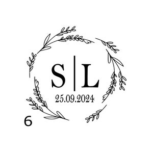 May include: A black and white graphic design featuring the letters S and L separated by a vertical line, with the date 25.09.2024 below. The text is enclosed in a circular wreath of thin, stylized leaves. The number 6 appears in the bottom left.