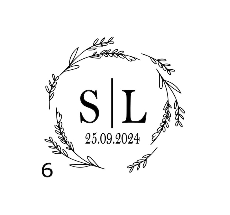 May include: A black and white graphic design featuring the letters S and L separated by a vertical line, with the date 25.09.2024 below. The text is enclosed in a circular wreath of thin, stylized leaves. The number 6 appears in the bottom left.