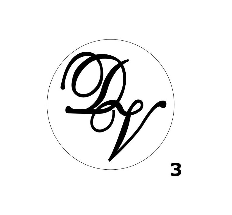 K&ouml;nnte beinhalten: Eine Schwarzwei&szlig;illustration eines kursiv geschriebenen Buchstabens "D" und "V" in einem Kreis. Die Zahl "3" befindet sich unter dem Kreis.
