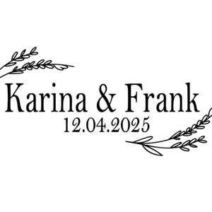 May include: A black graphic design on a white background featuring the text Karina & Frank above the date 12.04.2025. The number 2 is positioned on the left, and two stylized line-art wheat stalks frame the text at the top left and bottom right.