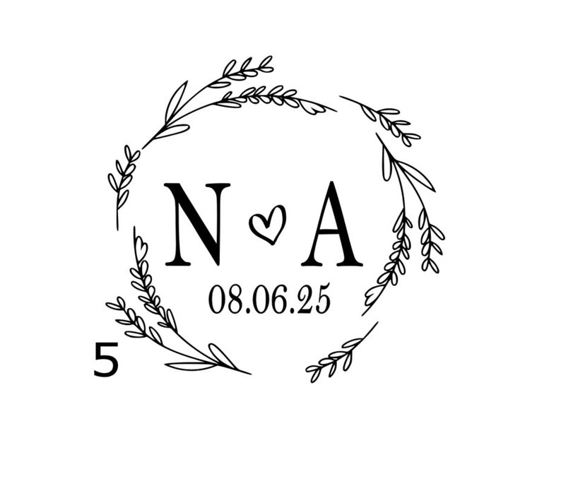 May include: A black and white graphic design featuring the letters N and A separated by a small heart, with the date 08.06.25 below. The text is enclosed in a circular wreath of thin, stylized leaves and branches, with the number 5 in the corner.