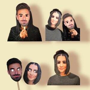 May include: Four different photo booth props featuring faces of people. The props are printed on cardboard and have stick handles.
