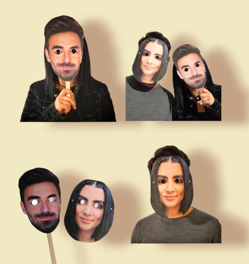 May include: Four different photo booth props featuring faces of people. The props are printed on cardboard and have stick handles.